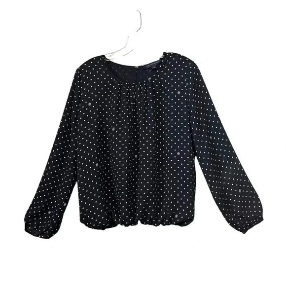 Tommy Hilfiger, Polka-Dot Gathered Neckline Balloon Sleeve Blouse, Med, Navy - Picture 3 of 9